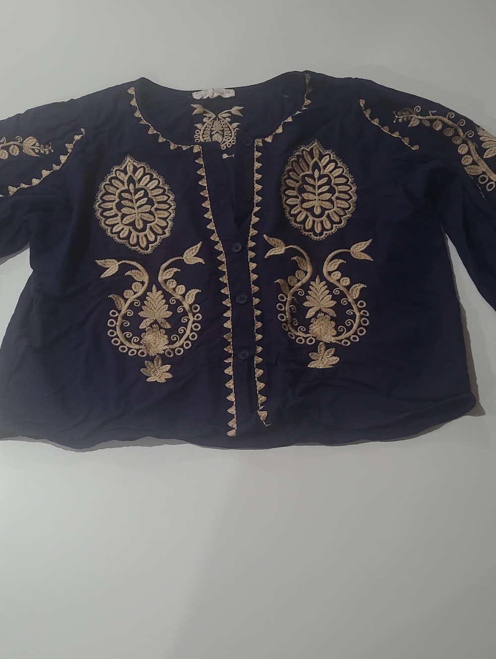 Solitaire Navy Button-Front Top with Gold Embroidery